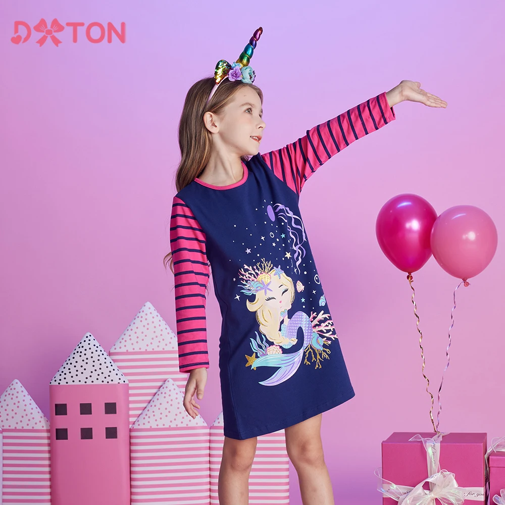 DXTON Kids Straight Dresses Girls Long Sleeve Cotton O Neck Casual Dress Kids Mermaid Shells Starfish Jellyfish Cartoon Dresses