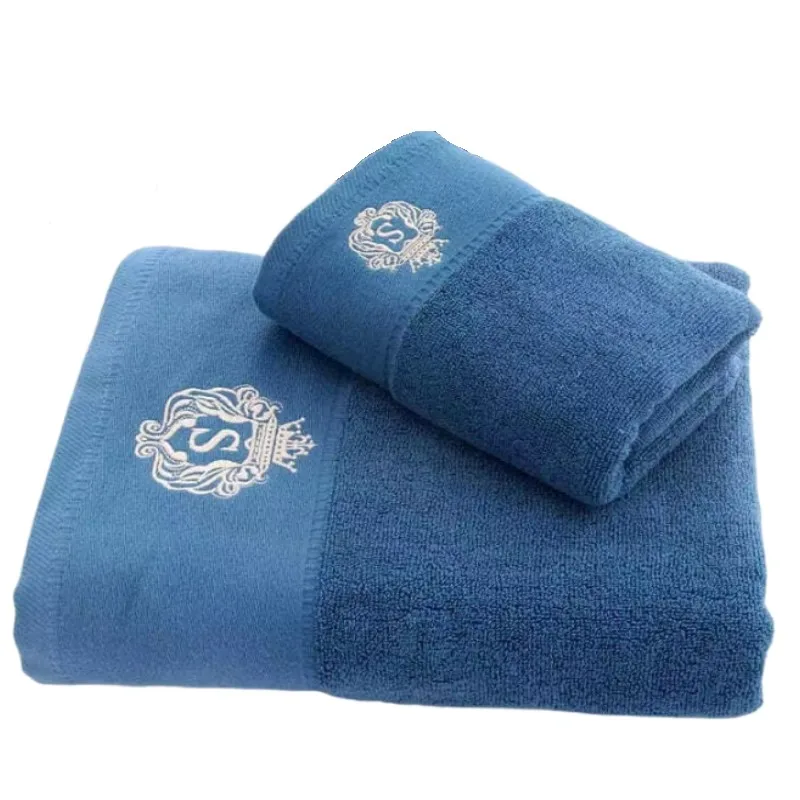 Blue Cotton Towels Set of 2,1pcs 34x74cm Hand Face Hair Towel and 1pcs 70x140cm Big Shower Bath Towel Cover Daily Use Towels