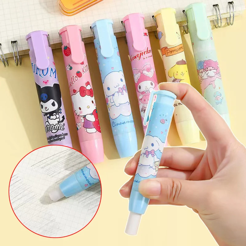 Retractable Cartoon Eraser Pen Push-Button Eraser with Refills Adjustable Pressable Rubber for School Stationery Student Gifts