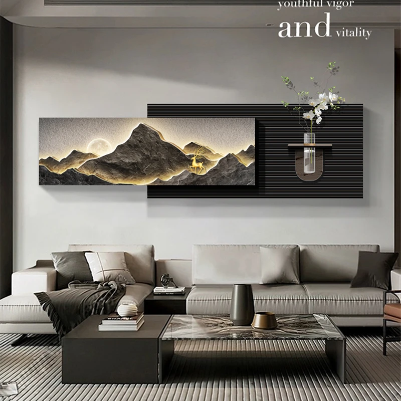 LED ambient light painting for the living room, modern and light luxury, hydroponic green plants, high-end sofa background, wall