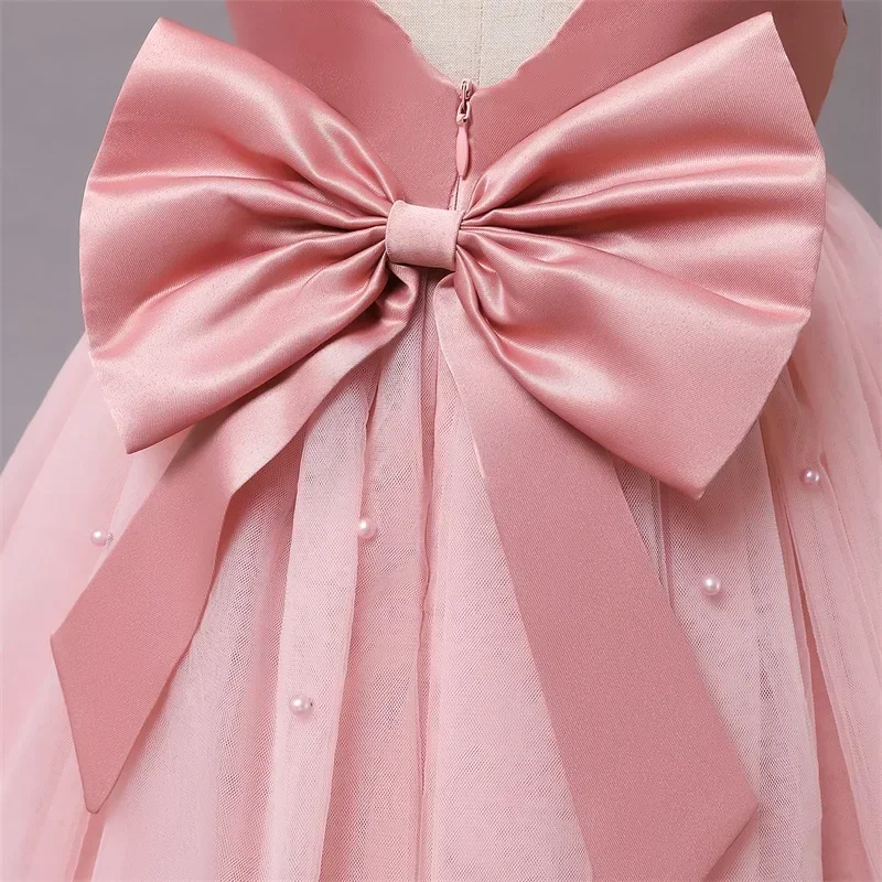 Pink Flower Girl Dresses Cute Bow Short Sleeve Princess Dresses for Formal Wedding Kid Birthday Party Banquet Elegant Girls Gown