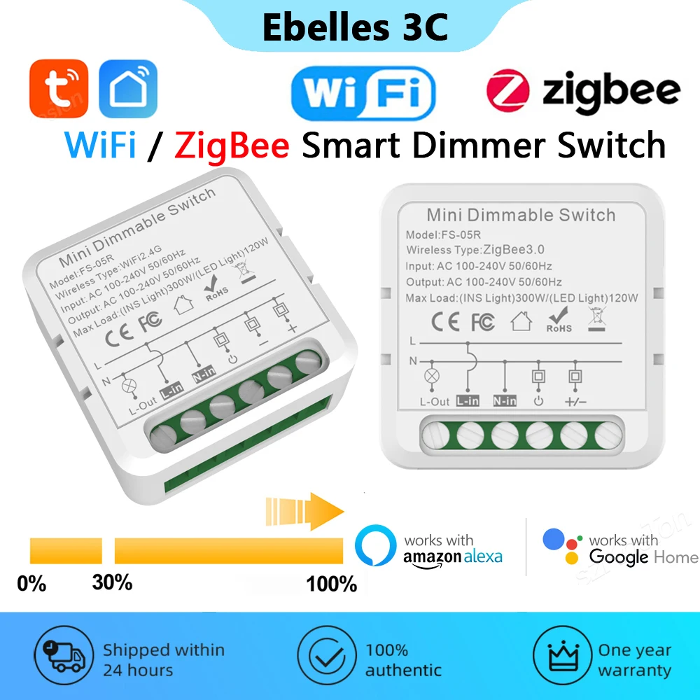 Tuya ZigBee WiFi Smart Dimmer Switch Support 2-Way Control Dimmable Breaker Module Need Neutral Voice Works with Alexa Google