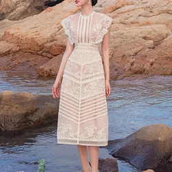 2024 Autumn Fashion Embroidery Flower Dress Vintage Runway Women O Neck Short Sleeve Mesh Dot Bodycon Slim Party Midi Vestidos