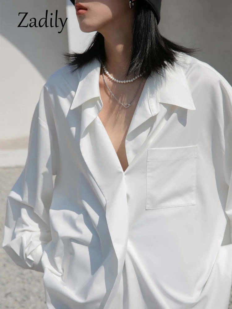 Zadily Minimalist Style Long Sleeve White Shirt Women Oversize Button Up Pocket Ladies Blouse 2022 Summer Work Female Clothing