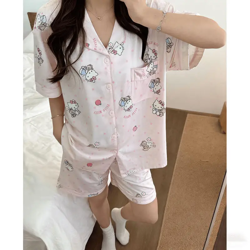 

Комплект из 2 предметов: пижама с принтом Hello Kitty для девочек, с короткими рукавами и шортами, домашняя одежда для женщин, праздничный подарок
