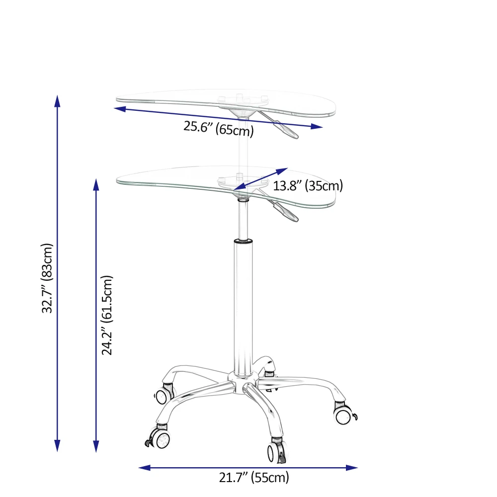 Mesa de escritorio de vidrio templado transparente de altura ajustable con ruedas bloqueables (rango ajustable de 24,2 "~ 32,7")