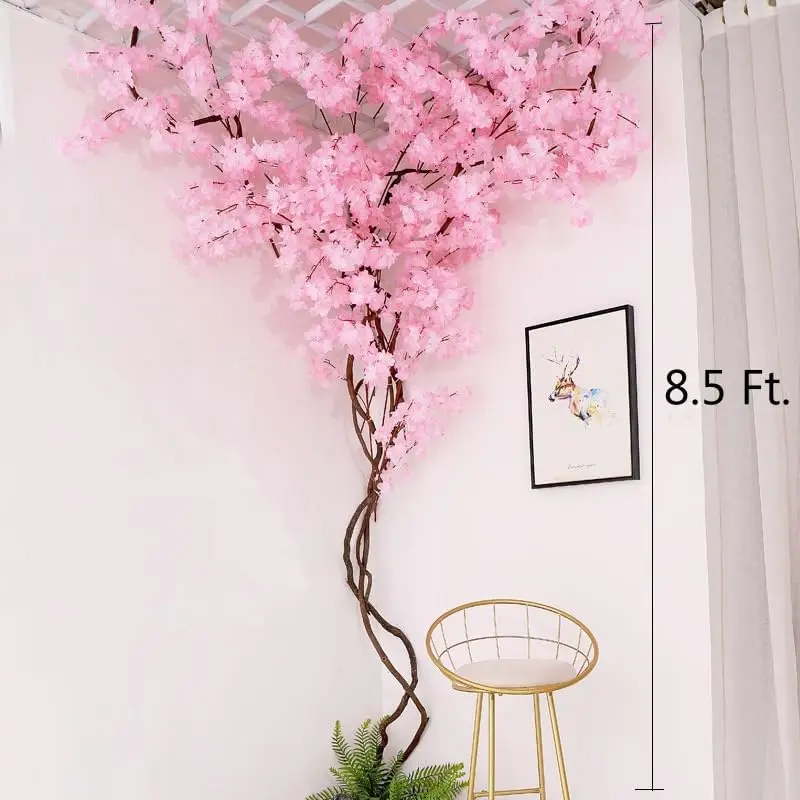 Artificial Cherry Blossom Tree 8.5 FT Tall Champagne Cherry Blossom Vines Tree Arch Pink Fake Sakura Flower Rattans Trees