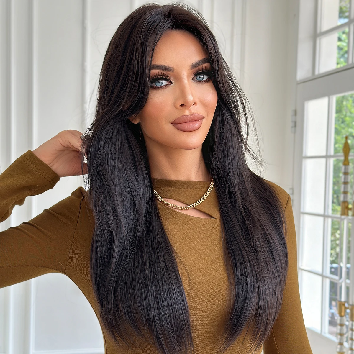 Long Straight Dark Brown Wig High Density Synthetic Middle Part Wigs with Curtain Bangs for Women Daily Party Use - view 2