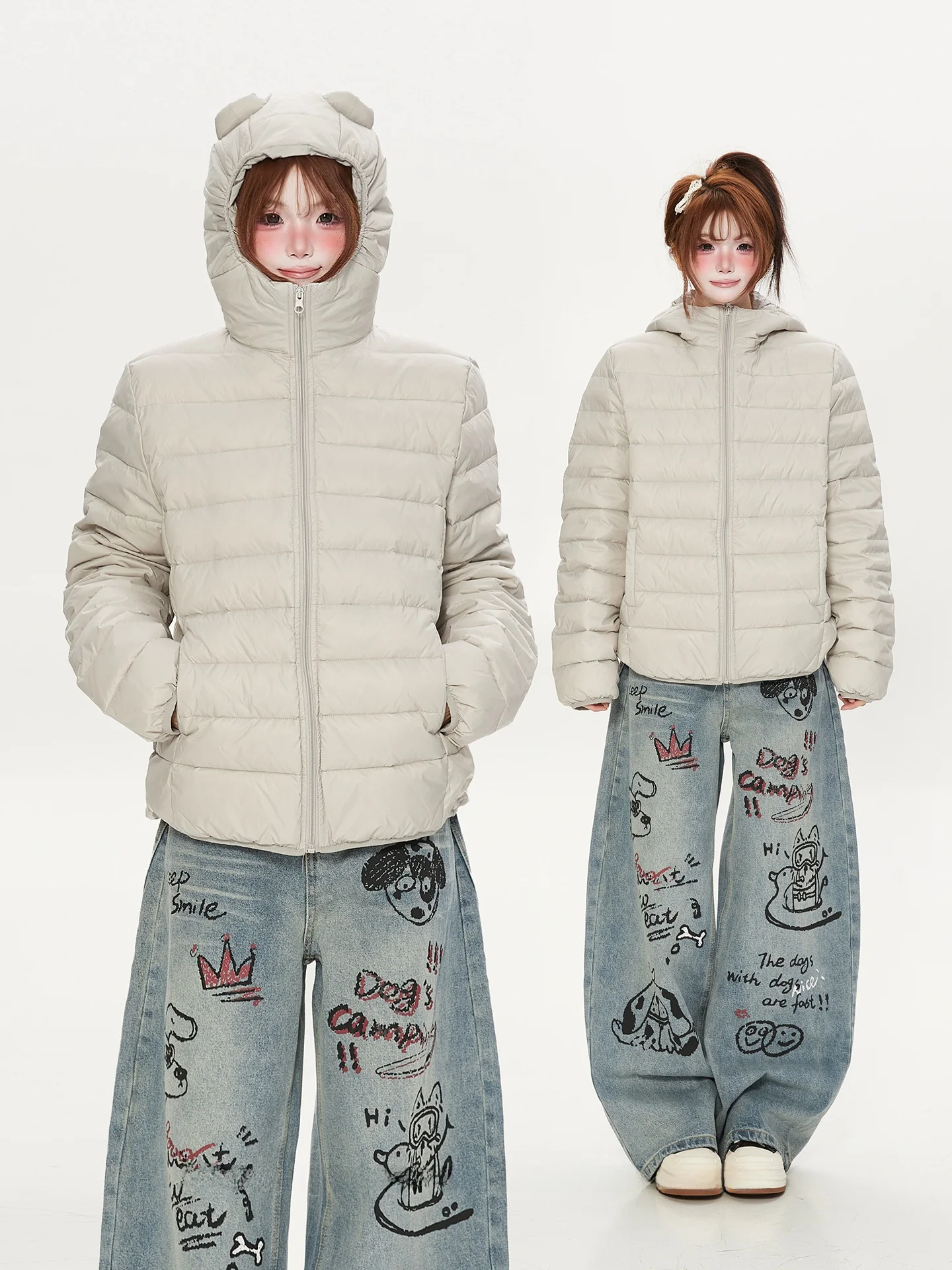 

Cute Bear Ear Hooded Du down Jaet Women's Winter Faion Lightweight Warm Coat Korean Sle Commute Pure Color Long Sve