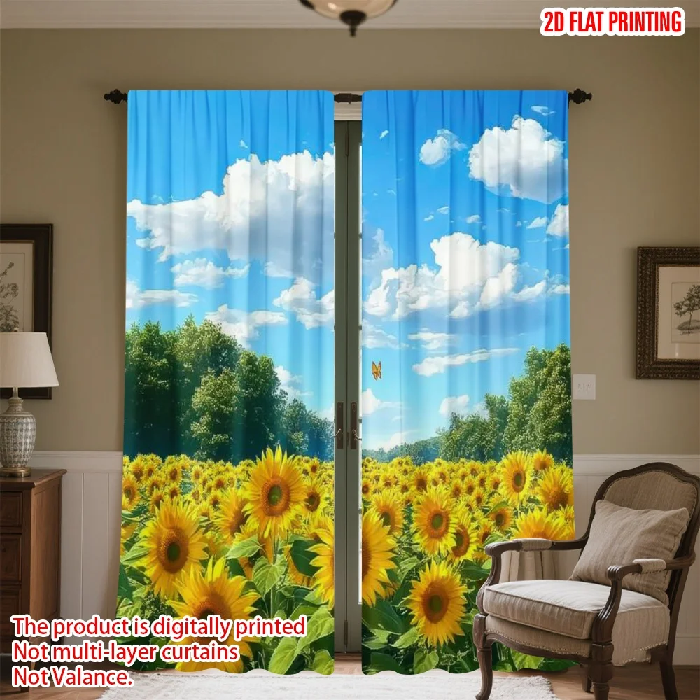 

2D flat printing 2pcs Window Curtains Sunflower Field with Butterfly Digital Printed Polyester Drapes Festive Holiday Perfect