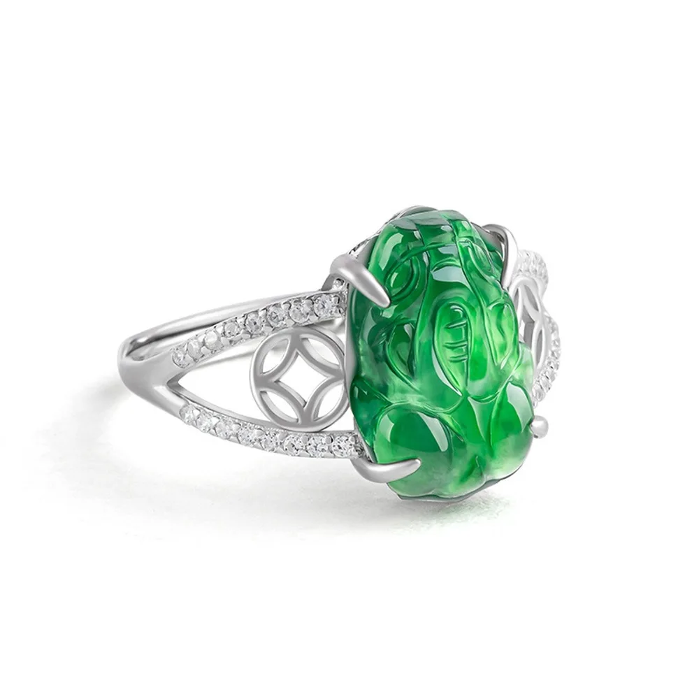 Real Solid 925 Sterling Silver Natural A Grade Jade Jadeite Green Pixiu Coin Women Ring