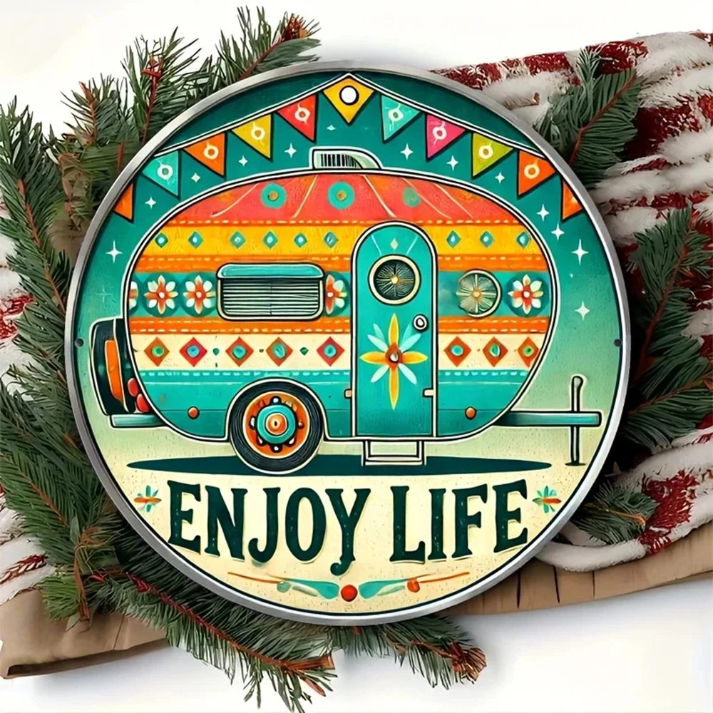 2D Flat, 1 Piece Vintage Retro Camper Van Aluminum Wall Art Plaque - 