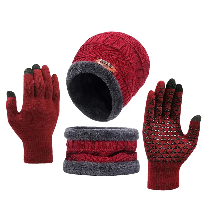 2025, Winter-Strickmütze, Hals-Handschuh-Set, dreiteilige warme Strickmütze aus Wolle, rutschfestes Touchscreen-Handschuh-Set