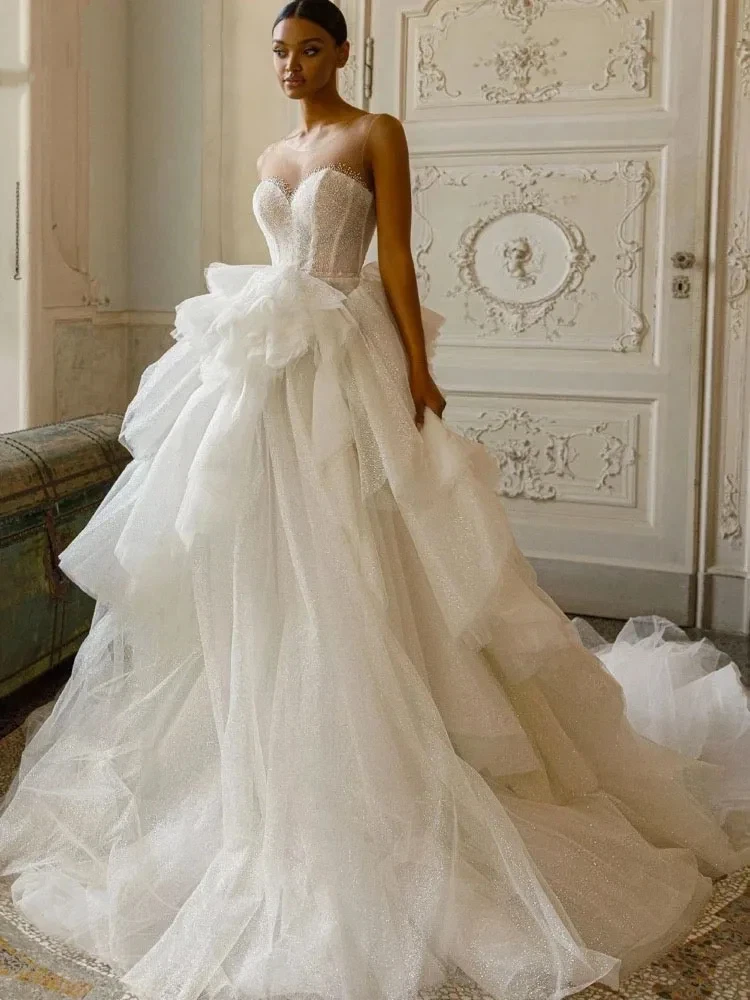 

Luxurious A-Line Shiny Chiffon Multi-Layer Women's Wedding Dress Sexy Sweetheart Off The Shoulder Ball Bridal Gown Customized