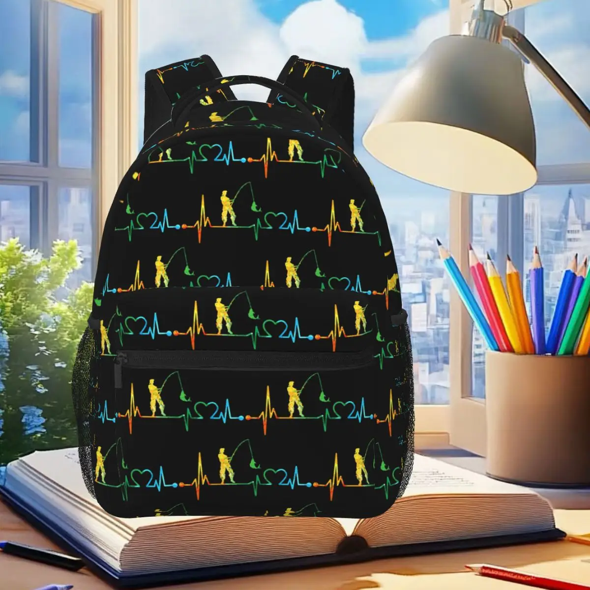 

Fishing Heartbeat Fisherman Fish Backpack Student Boys Girls BookBag Children School Bag Computer Shoulder Bags for Men Women