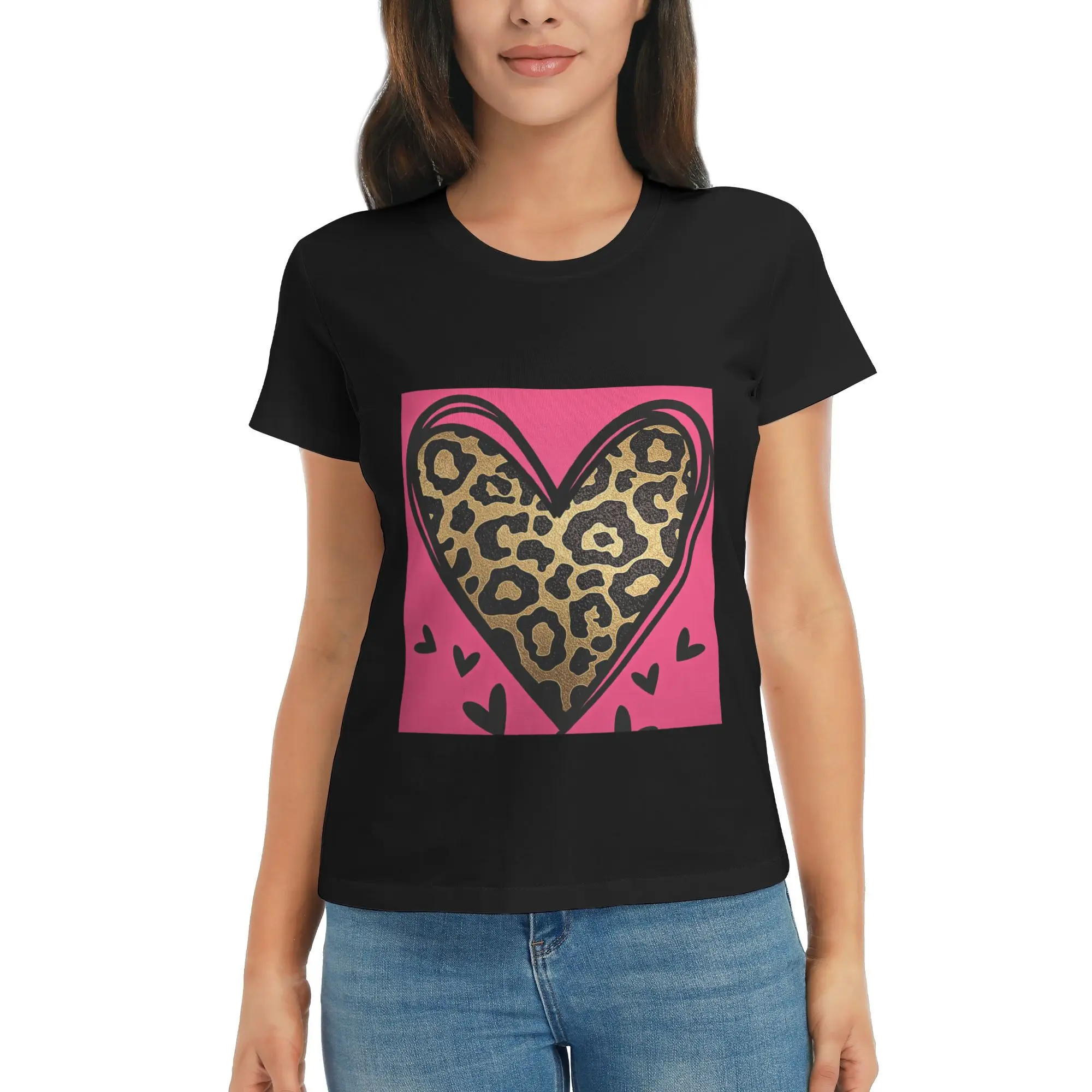 Pink Leopard Heart Graphic Tee Soft Cotton Short Sleeve T-Shirt