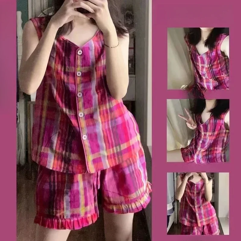 여름 숙녀 잠옷 세트 Ins 컬러 차단 격자 무늬 조끼 잠옷 여성 여름 모델 새로운 민소매 레저 홈 반바지