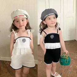 2023 Summer Girls Cute Two Pieces Suit Baby Kids Children Clothing Set Including Suspender+ Shorts