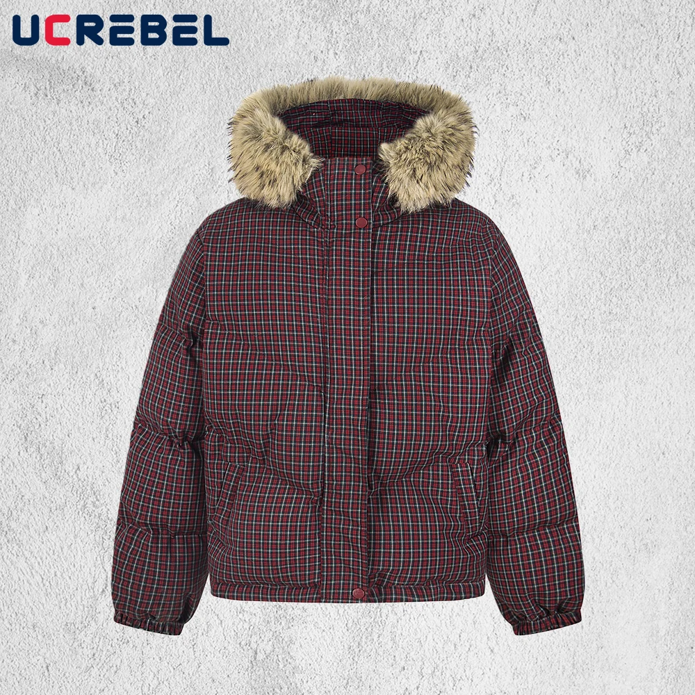 

Retro Plaid Padded Jacket Mens High Street Winter Thick Removable Fur Collar Long Sleeve Drawstring Hem Bread Jacket Man