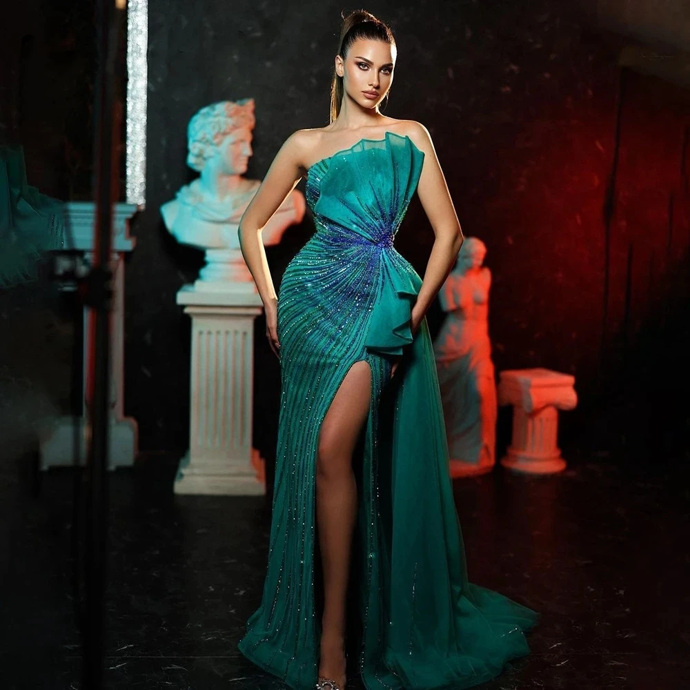 Modern Strapless Mermaid Prom Detachable Train Dresses Sequins Bowknot Side Split Evening Gowns Custom Made Robe De Soirée