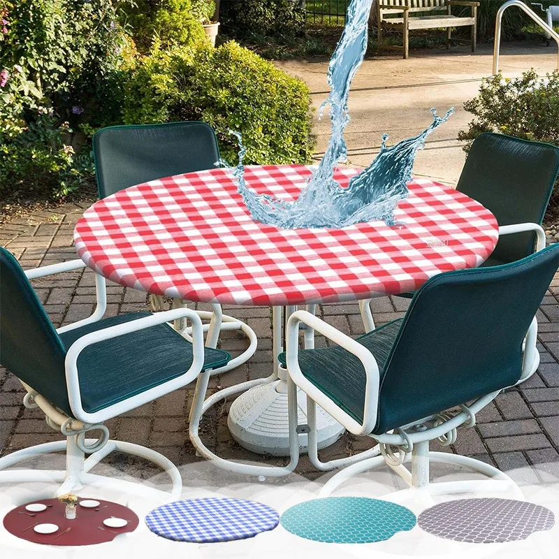 

Fitted Elastic Round Tablecloth Waterproof Windproof Non Slip Vinyl PVC Table Cover for Kitchen Dining Party Camping Decorative