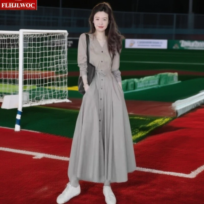 اليابان كوريا شيك تصميم تاريخ الفتيات النساء الخريف الربيع مكتب سيدة واحدة الصدر زر الصلبة لطيف طويل ماكسي الأساسية قميص فستان