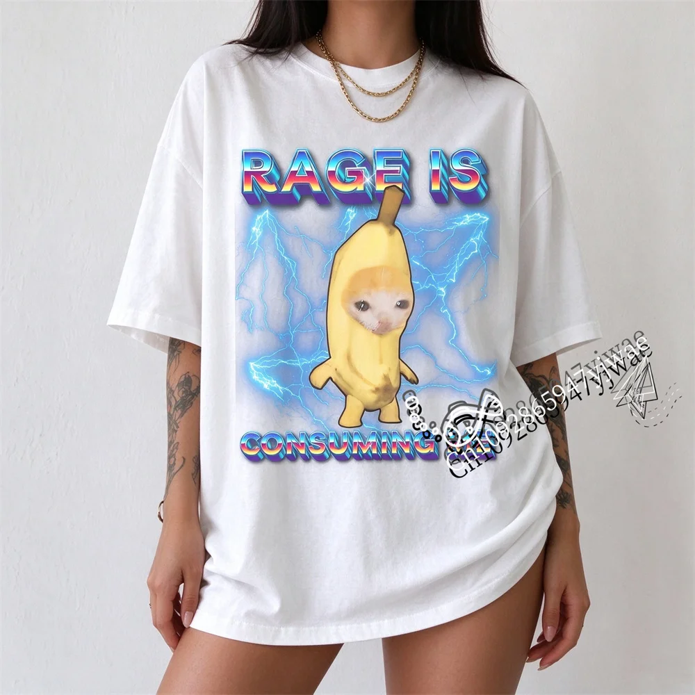 Retro 90s Rage Consumes Me Cat Shirt Funny Banana Kitten Meme T-Shirt Humor Unisex Shirt Summer Men'S And Women'S T-Shirts