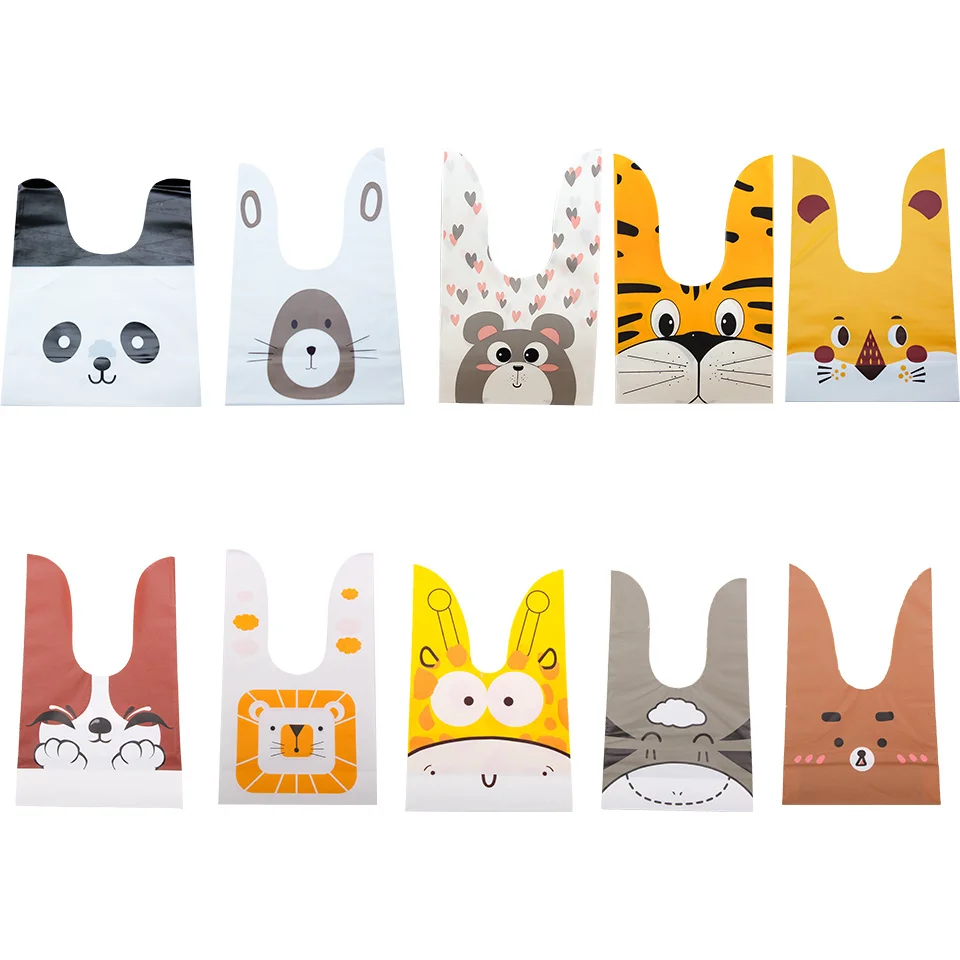 10/20pcs Carton Plastic Animal Candy Bags Rabbit Ear Bags For Biscuits Baking Packaging Supplies Kids Birthday Party Decoration