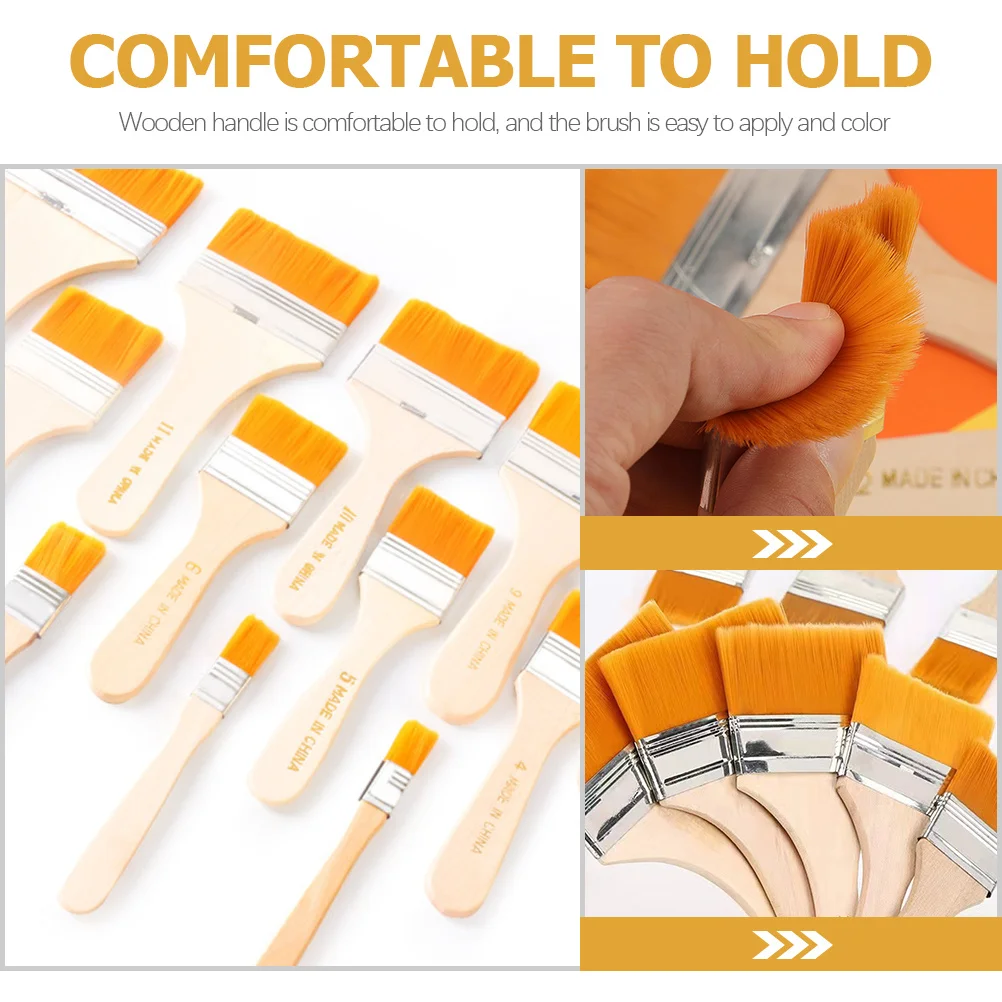

12pcs Nylon Wooden Painting Brush Handle Flat Bristle For Wall Door Fence Diy Flat Paint Art Craft Painting Tool