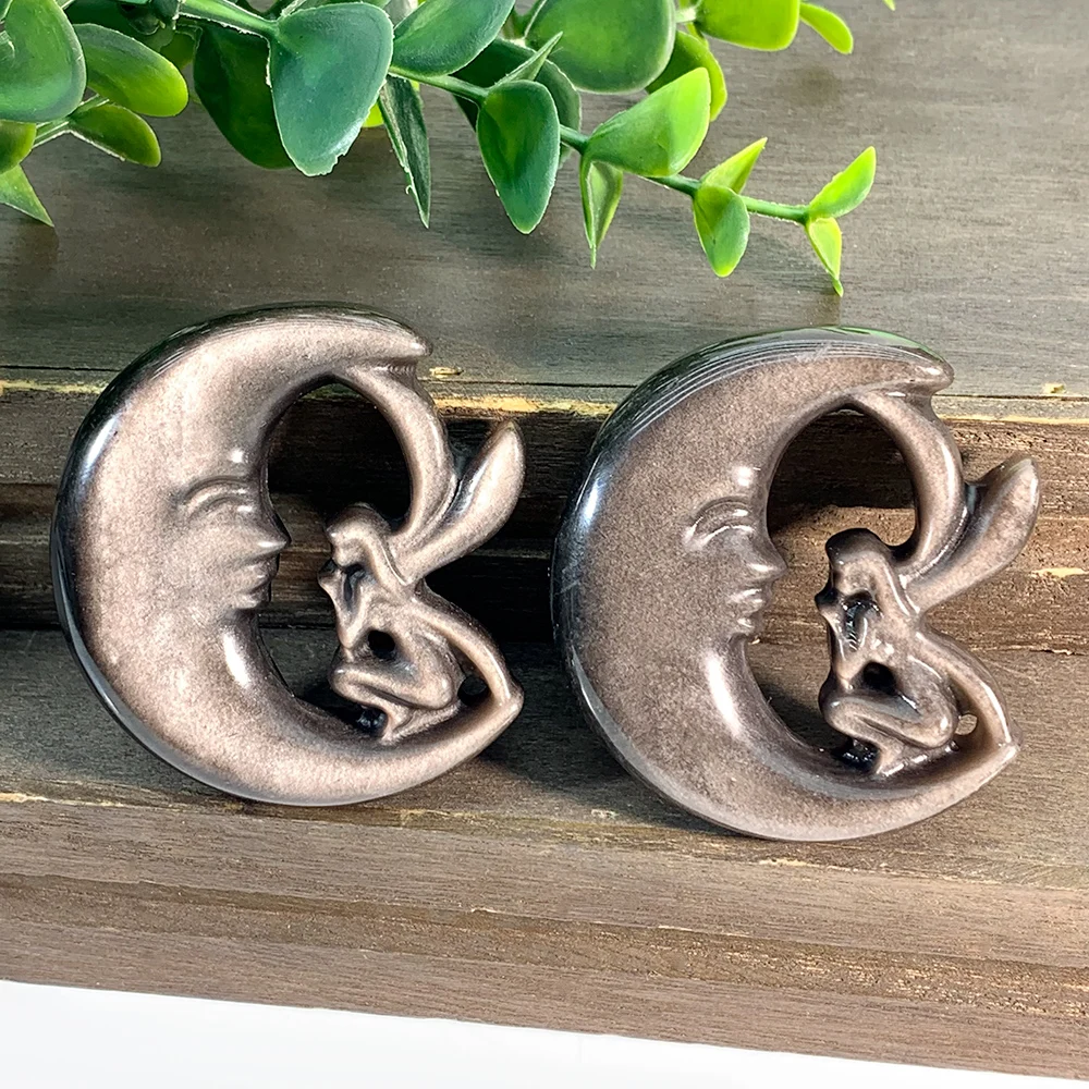 1pc Natural Silvery Obsidian Moon Fairy Crystal Carving, Handcrafted Healing Gemstone Craft, Reiki Charged Decorative Accent