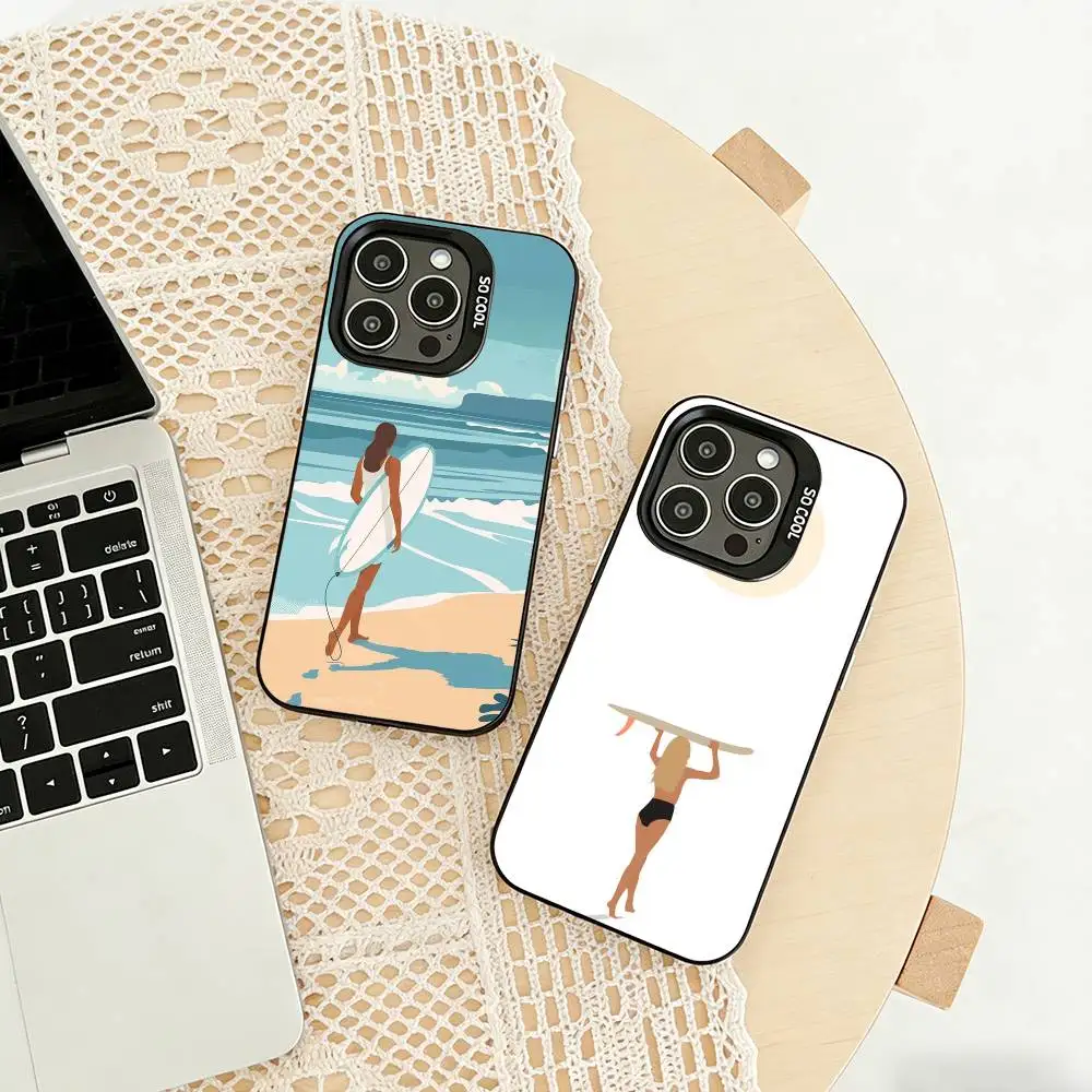

s-Surfboard Surfing Art Surf Girl Phone Case For iPhone 17,16,15,14,13,12,11 Plus,Pro Max,XS,Colored silver phone case