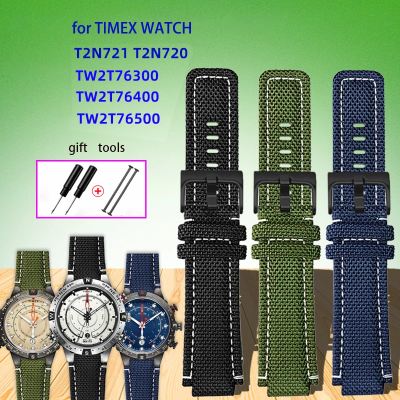 

Watchband cowhide bottom For TIMEX T2N720 T2N721 TW2R55500 24*16mm Army green brown Men's Watch Strap Bracelet Sports canvas