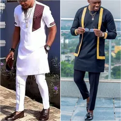 African Men Traditional Outfit Kaftan Men's Suit Printed Top Shirt Trousers Pant 2pcs Male  Sets Ethnic Casual Customes M-4XL