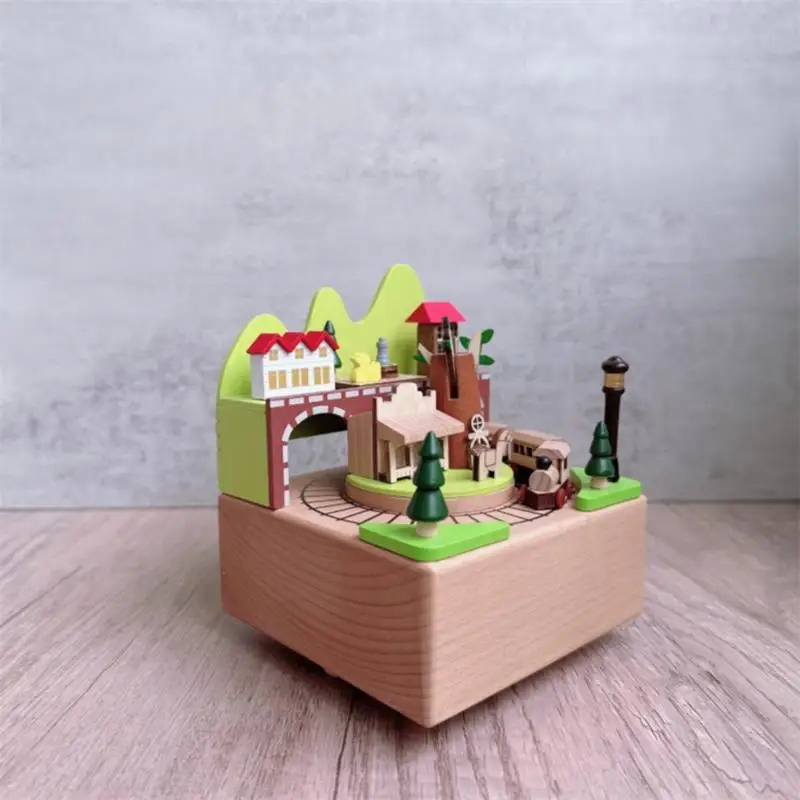 Forest Train Miniature Scene Music Box Wooden Handmade Craft Ornament Birthday Christmas Gift Music Boxes Home Decoration