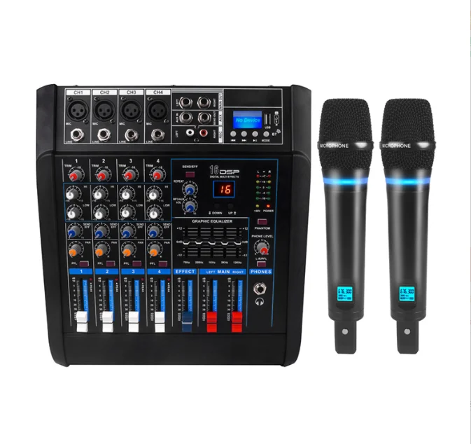 

XTUGA LS04 Professional 250W Audio Power Amplifier With Rechargeable 2 Wireless Microphones 6 Channel Powered Audio Mixer