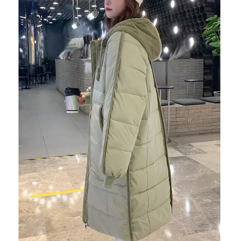 Women Hooded Mid-Length Cotton Jacket Spliced Lace-up Fashion Elegant Simplicity Thicken Coat Winter Female Loose Casual Parkas