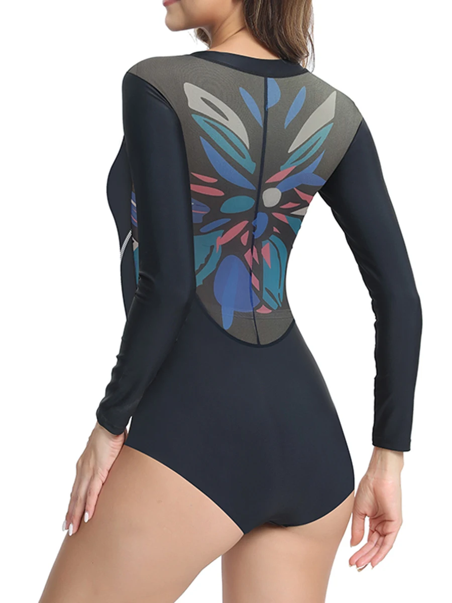 

2025 Back Mesh Printed Floral Swimuit Women One Piece Slim Rushguard Swimwear Female Bathers Bathing Swimming Swim Surf Suit XXL