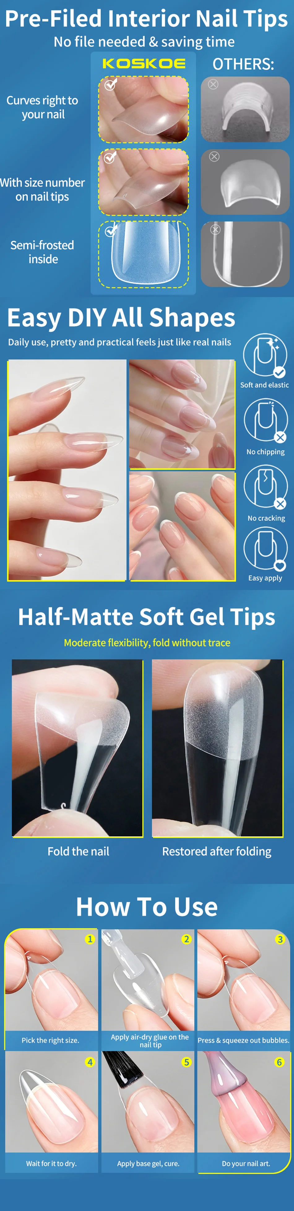 300 Stück Vollständig Abdeckende Klare Künstliche Nagelspitzen Halb-Matte Acryl-Spitzen Acryl-Nagelverlängerungen für Heim-DIY Salon-Maniküre – Detail 3
