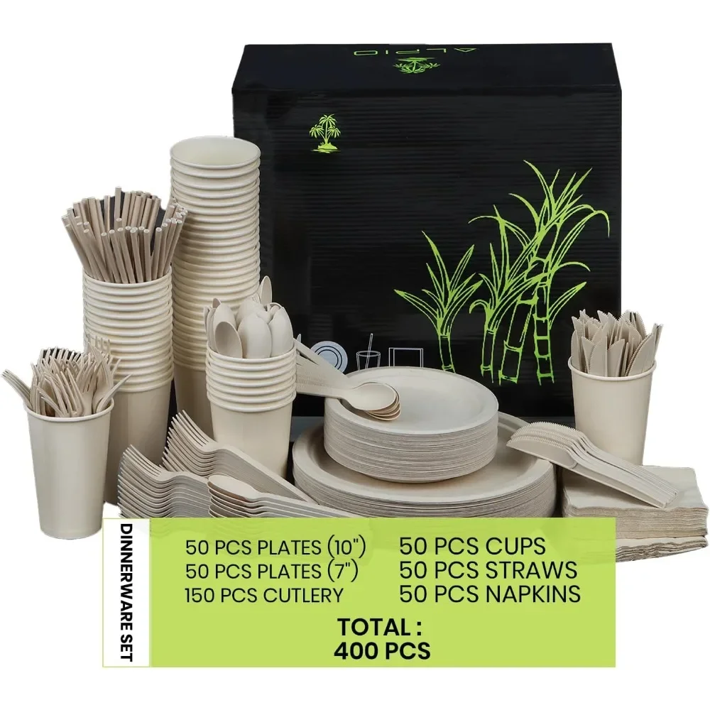 

400 Piece Compostable Dinnerware Set for 50 Guests, Biodegradable Paper Plates Set, Eco-Friendly Disposable Plates