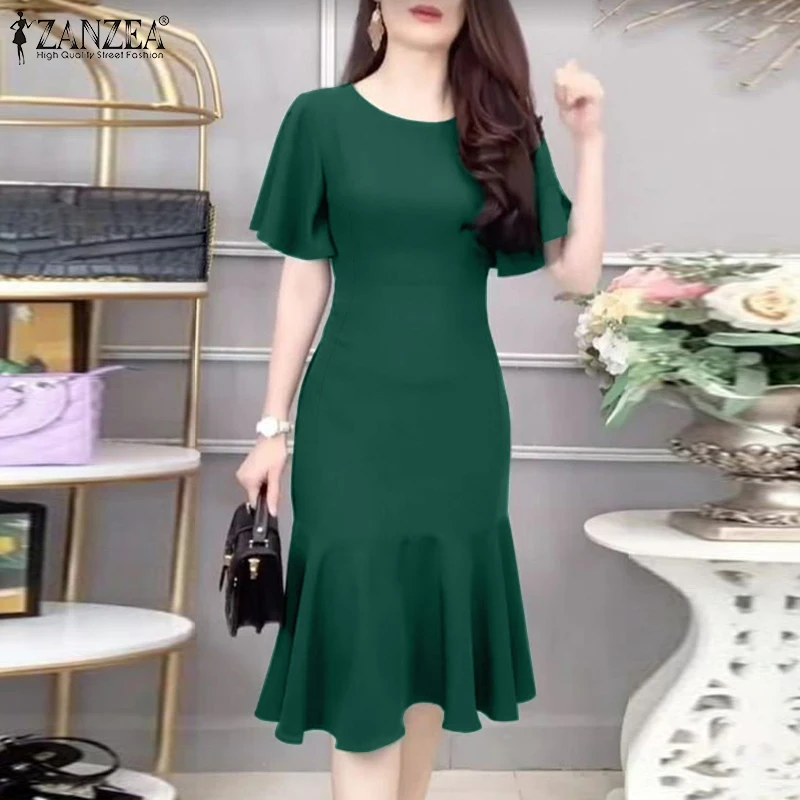 Stilvolles Fishtail-Partykleid 2026 ZANZEA Damen Elegantes OL Arbeitskleid Sommerkleid O-Ausschnitt Kurzarm Slim Fit Vestidos Robe