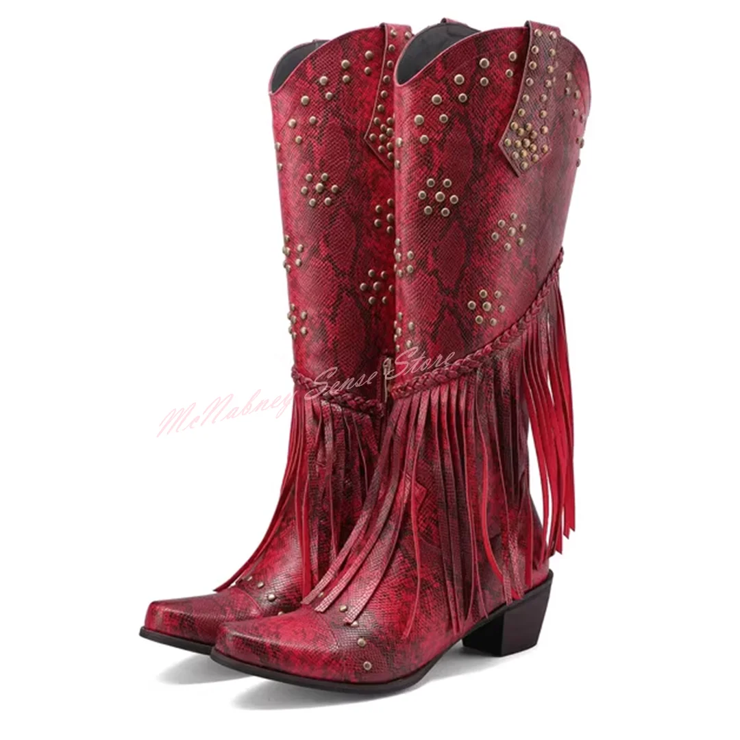 

Rivet Fringe Snake Pattern Boots Pointy Toe Chunky Med Heels Knee High Boots Side Zipper New Style Designer Women Sexy Shoes