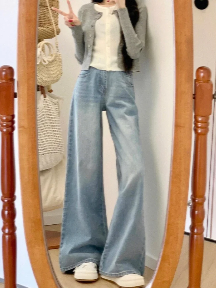 جينز نسائي عالي الخصر وواسع الساق من قماش الدنيم خريفي جديد على شكل قرد الكمثرى سروال مستقيم للتخسيس مقاوم أمريكي