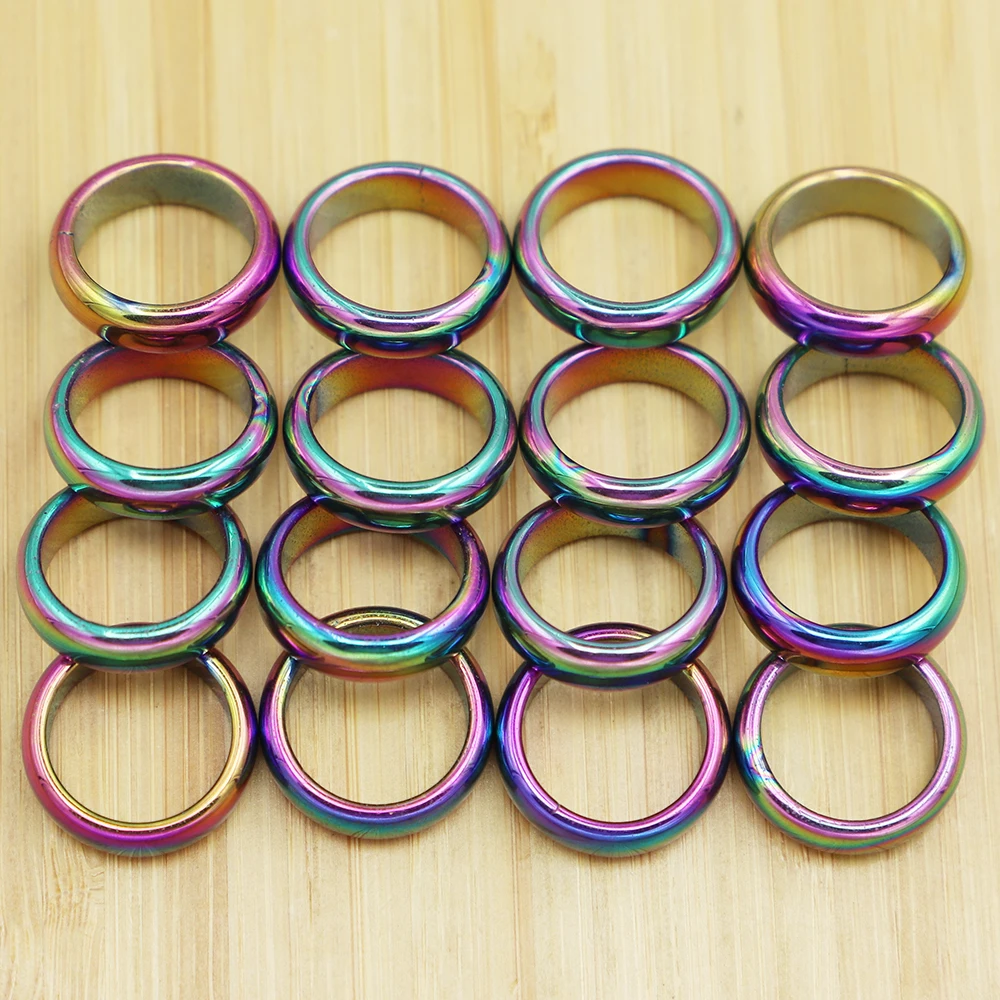 

Fashion Retro Hematite Colorful Rainbow Color Ring Jewelry Width Cambered Surface Christmas Present Bijoux Femme Wholesale 30Pcs