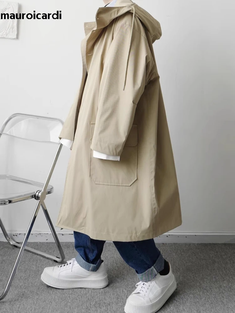 Mauroicardi Spring Autumn Long Black Khaki Oversized Trench Coat Men with Hood Pockets Loose Casual Windproof Windbreaker 2023