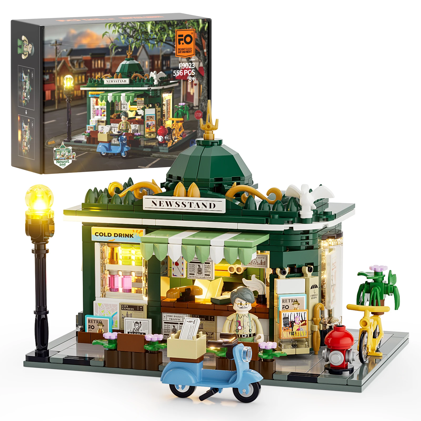 FUNWHOLE Newsstand Освещение Набор строительных кирпичей City Town Life Newsstand Светодиодная модель здания 556 шт