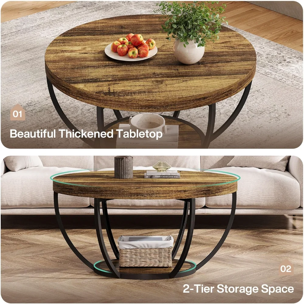 Round Coffee Table, 31.7" Wooden 2-Tier Circle Coffee Table, Modern Accent Cocktail Table Center Table for Living Room