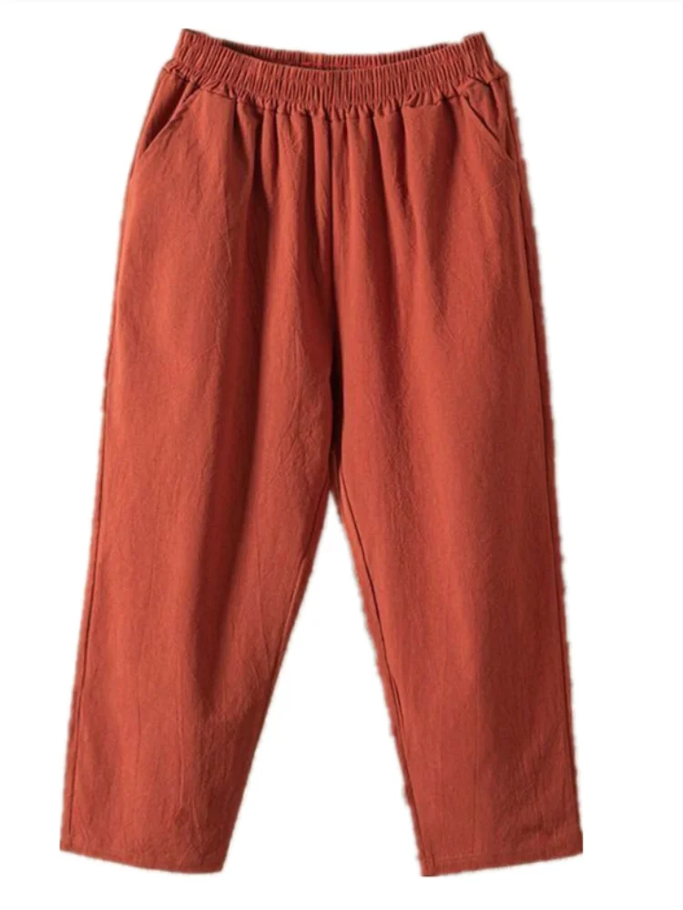 면 혼방 하렘 팬츠 여성용 여름 얇은 루즈핏 플러스 사이즈 당근 팬츠 캐주얼 다용도 신축성 있는 허리 예술적 스타일