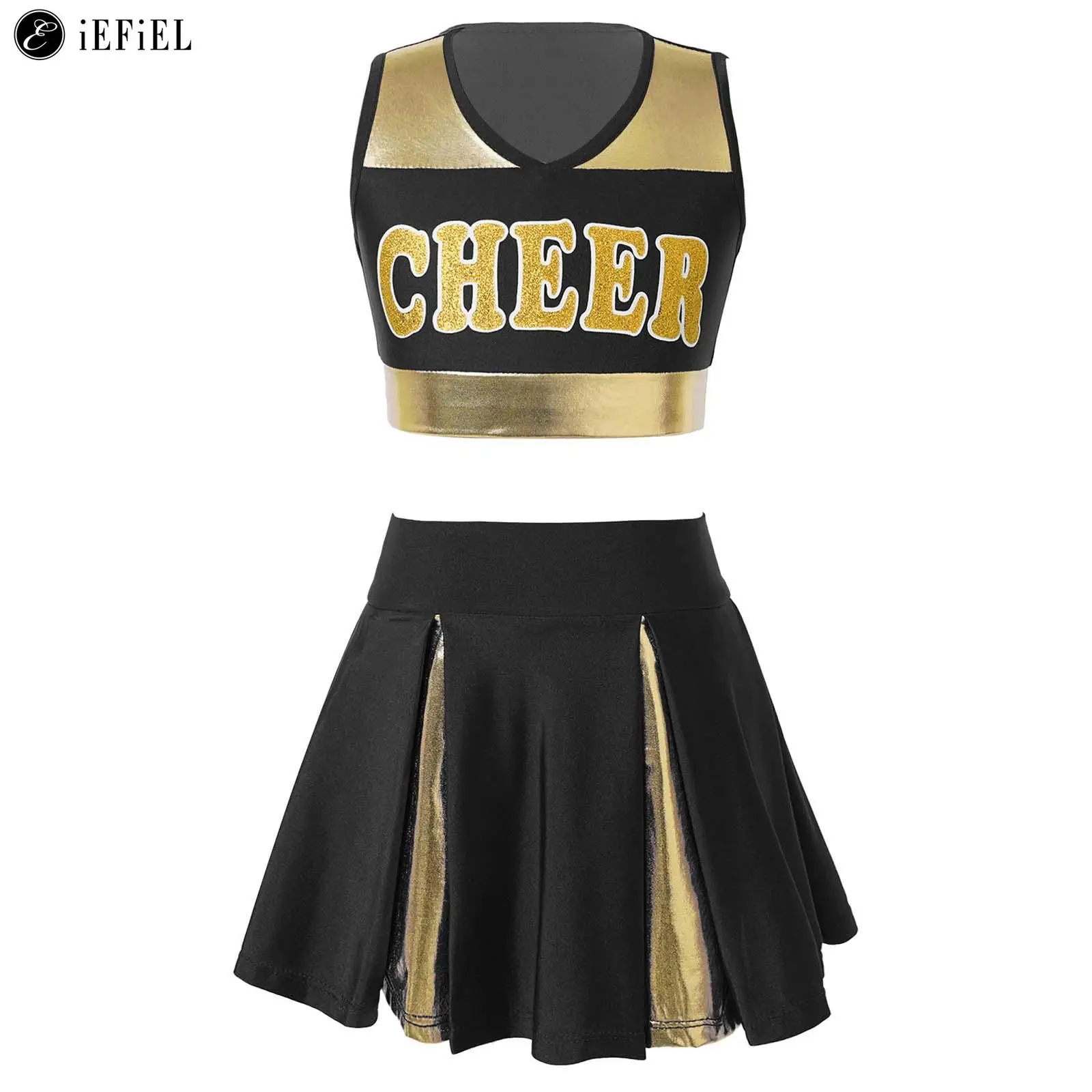 

Kids Girls Cheer Leader Uniform Letter Print Crop Tops with Pleated Mini Skirt Cheerleading Jazz Hip Hop Dance Costume