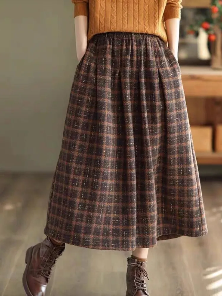 Retro Tweed Plaid  Skirt Women's Autumn Winter High Waist Slimming Warm Pleated A-Line Midi Skirt Wrap Body Long Dress