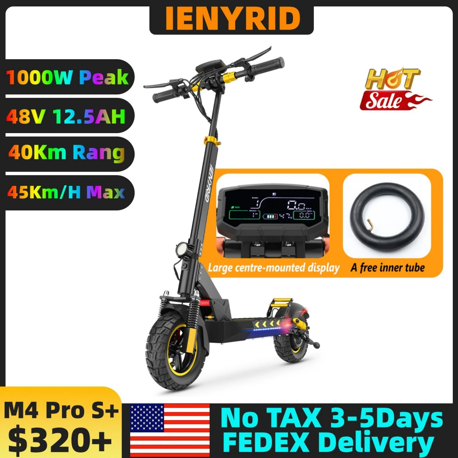 

Электрический скутер IENYRID M4 Pro S+, двигатель 800 Вт, аккумулятор 48 В, 12,5 Ач, самокат с шинами 10 дюймов, максимальная скорость 45 км/ч, дисковый тормоз, ЖК-дисплей